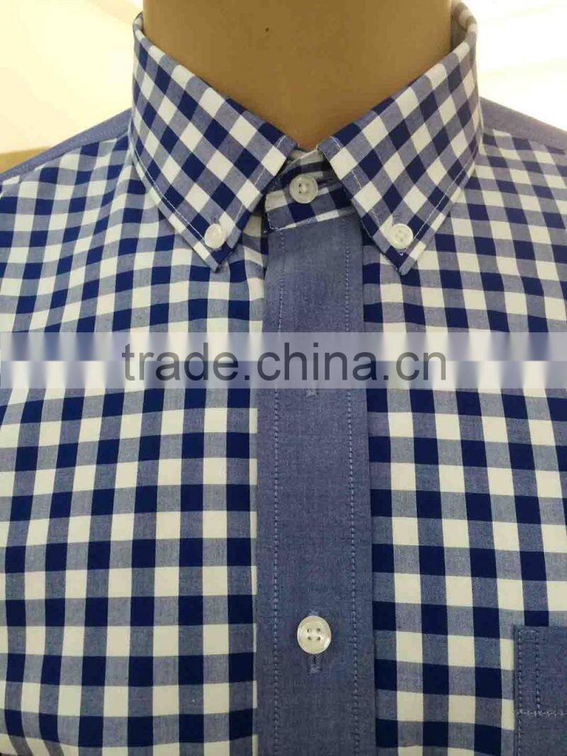 2017 latest design men' plaid cotton shirt with contrast color on placket