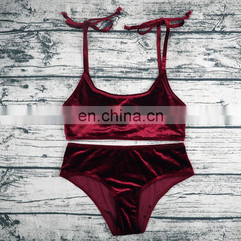 2017 Gold Velvet Bow Strap Swimsuit
