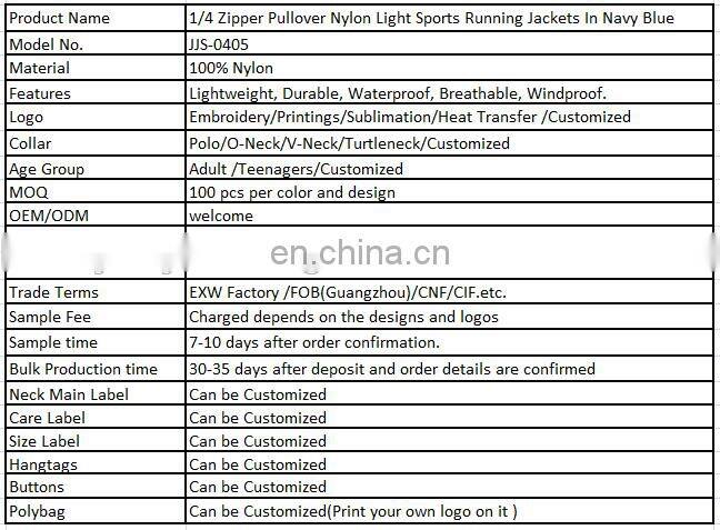 1/4 Zipper Pullover Nylon Light Sports Running Jackets In Navy Blue