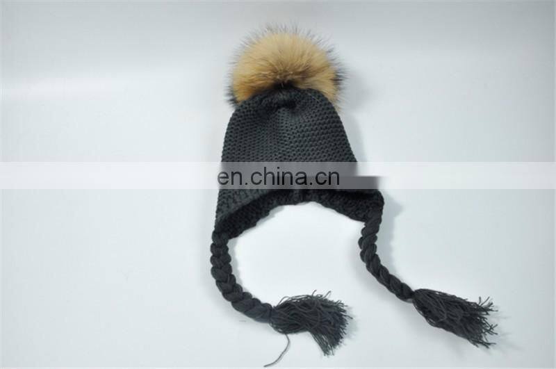 High Quality Knitted Beanies Colorful Big Raccoon Fur Pom Pom Winter Hat Beanie Kids