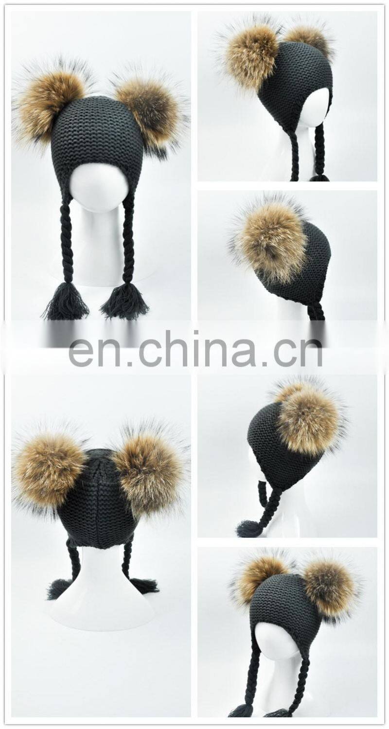 High Quality Fashionable Kids Beanie Hats With Two Fur Pom Poms Baby Fur Hat