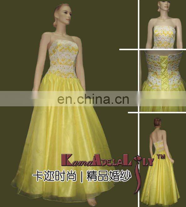 E0123 shinny Yellow organza Wedding dress bicolor lace party dress