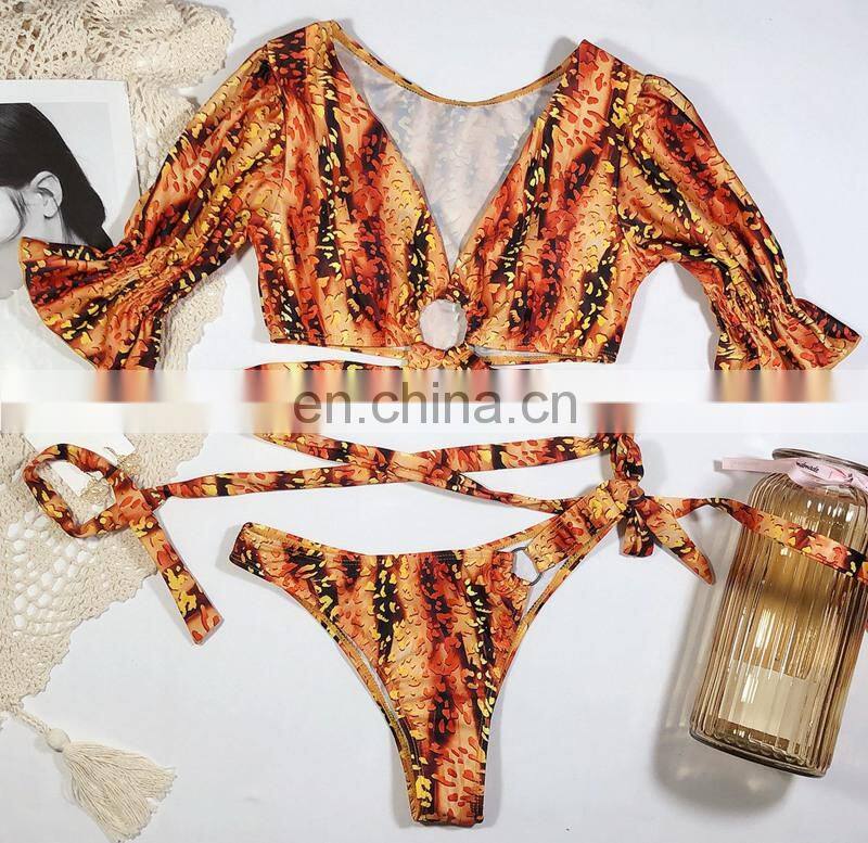 Short sleeved leopard print bikini hot sell swimsuit separated beachwear