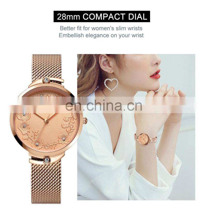 Hannah Martin 119 New Hot Sale Women Watch Rhinestone Embossed Rose Gold Mesh Belt Japanese Movement Waterproof Quartz Watch