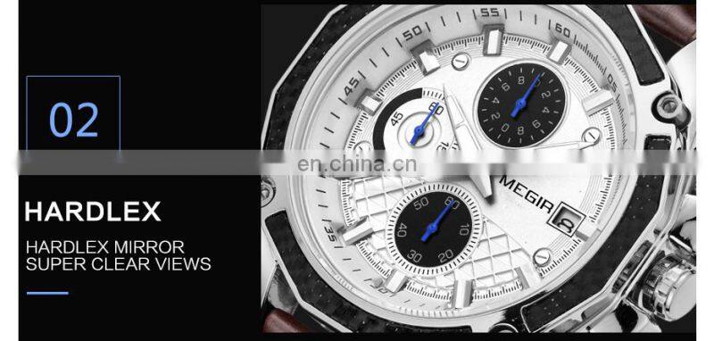 MEGIR 2015 Men Leather Strap Analog Chronograph Calendar Wrist Watch Military Sport Men Wristwatch