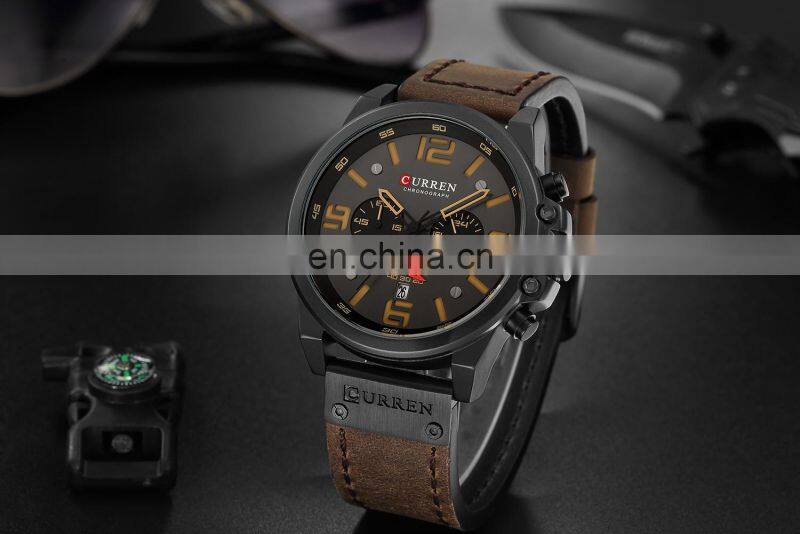 CURREN Mens Watches Top Luxury Brand Waterproof Sport Wrist Watch Chronograph Quartz Military Genuine Leather Relogio Masculino