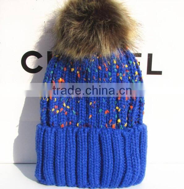 Fashion Korean Coloured Thread Knitting Faux Fur Pom Pom Beanie Hat