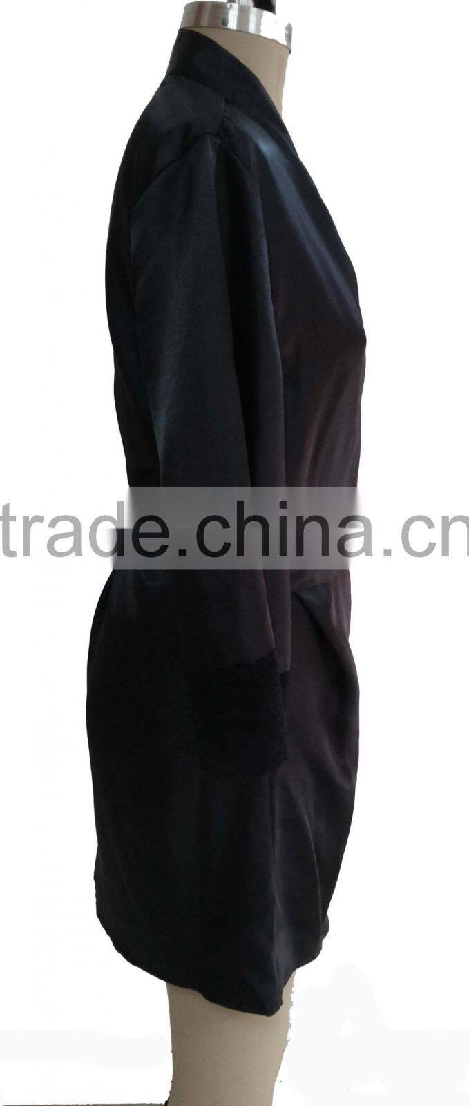 comfortable women black satin lace robe