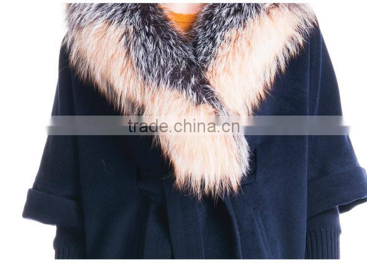 Autumn and winter length seven points women coat with silver fox Fur collar cashmere overcoat