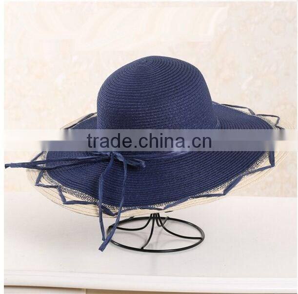 QXSH0014C Summer rope wide brim fedora Straw hat Lace beach hat