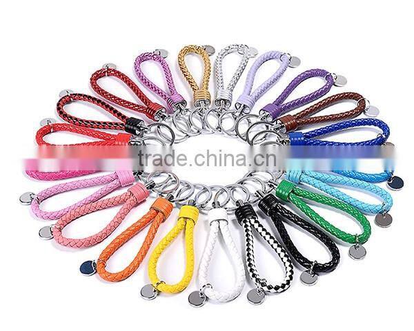 Hot Sale Manual Hand Braided Rope Silver Round Metal Tag Braided Leather Cord Brown Leather Straps Keychain With Braid Leather