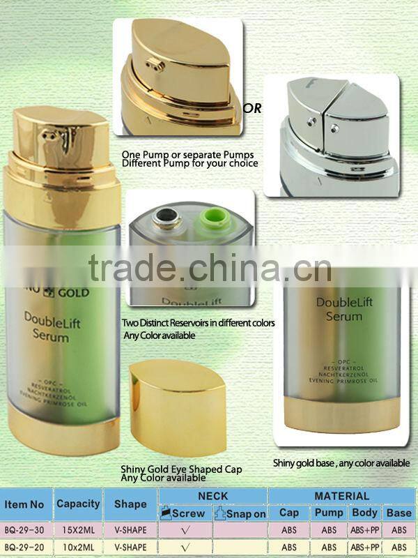 20ml 30ml Plastic cosmetic dual tube airless bottle V shaped bottle