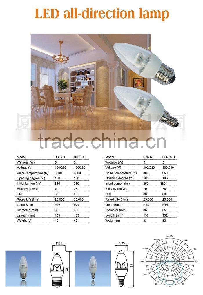 2014 Dimmable LED candle bulb 5W E27 CE ROSH