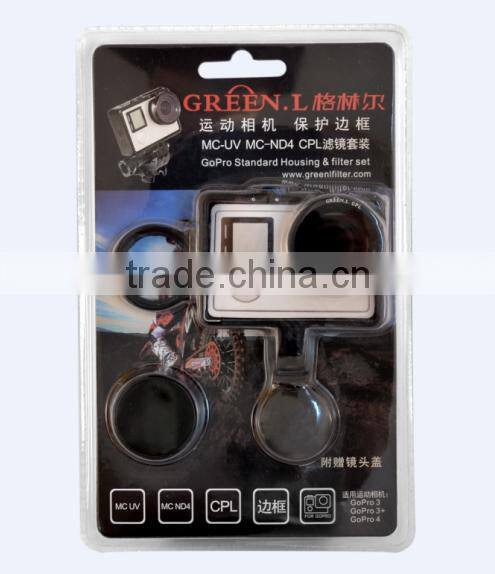 MC UV+CPL+ND8+Go pro frame+lens cap filter kit for Hero3 3+ 4 camera