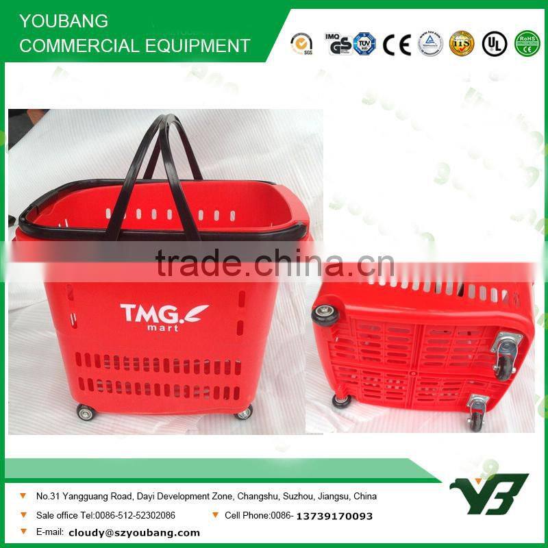 Hot sell good cheap 45 Liter HDPP red color double handle roll market basket trolley with wheels (YB-W017)