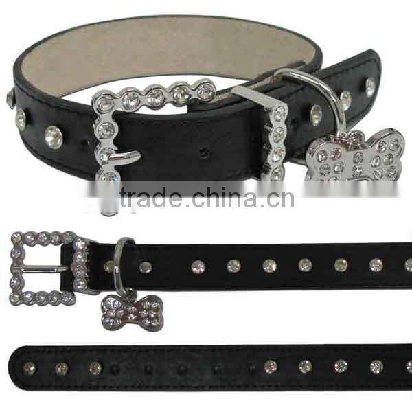 Green Rhinestone Buckle Leather Dog Collars Wholesale