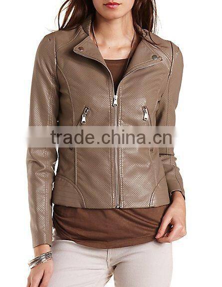 OEM women perforated faux leather moto jacket