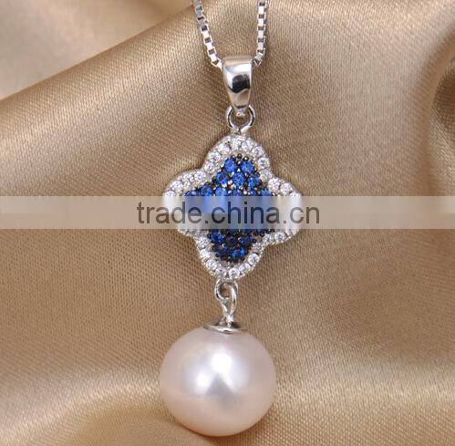 8.5-9mm AAA sterling silver blue flower round freshwater small pearl pendant