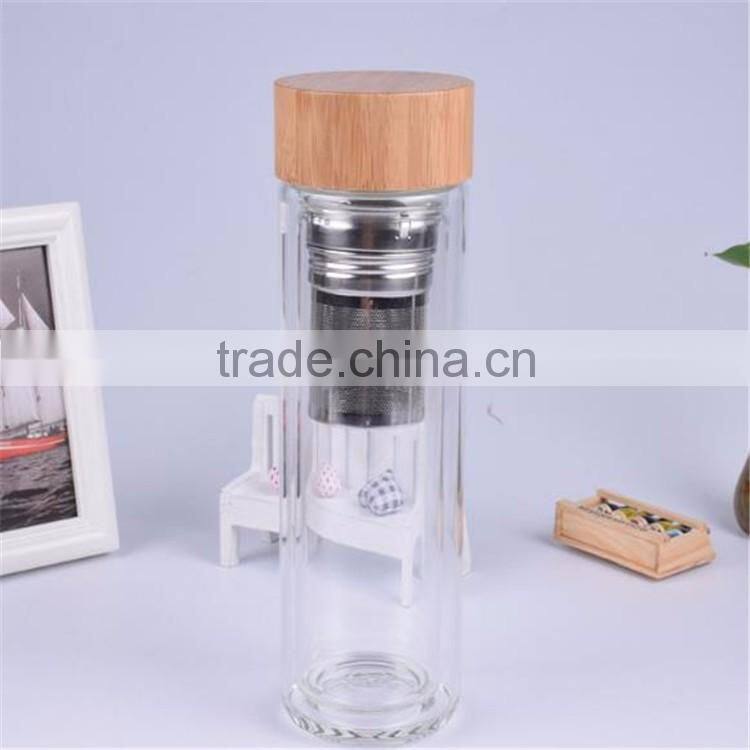 Drinking glass water bottle with stainless steel tea filter, borosilicate water bottle glass 400ml