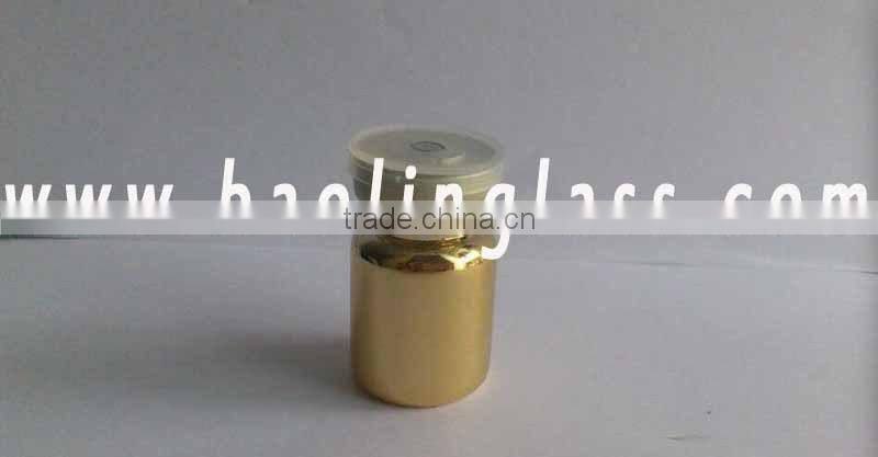 Medicine glass bottle with pills isolated on white