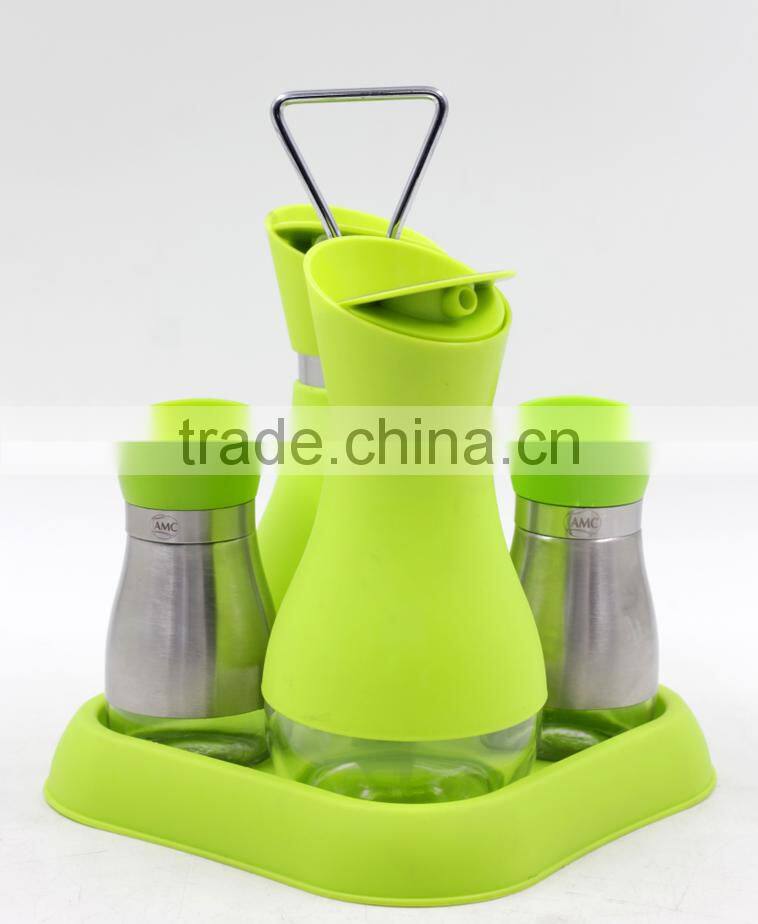 Glass oil vinegar salt pepper set with plastic holder green