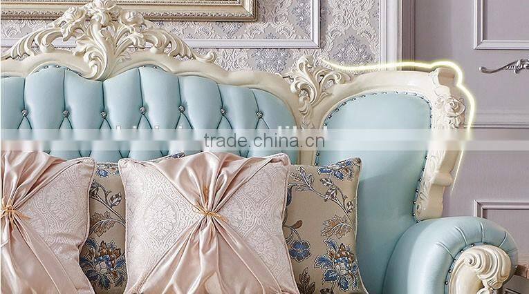 French romantic flower carving blue leather sofa set