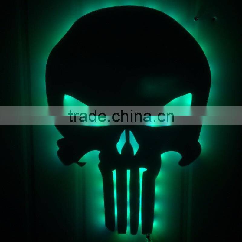 Creative Punisher Skeleton Shape Design Wall LED Light Mirror, Remote Control Colorful Decorative House Wall Mirror Light