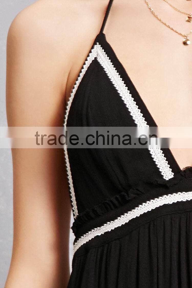 Factory Price adjustable tasseled self-tie halter neckline front V-cut open back flowy Crepe Woven Halter Maxi Dress