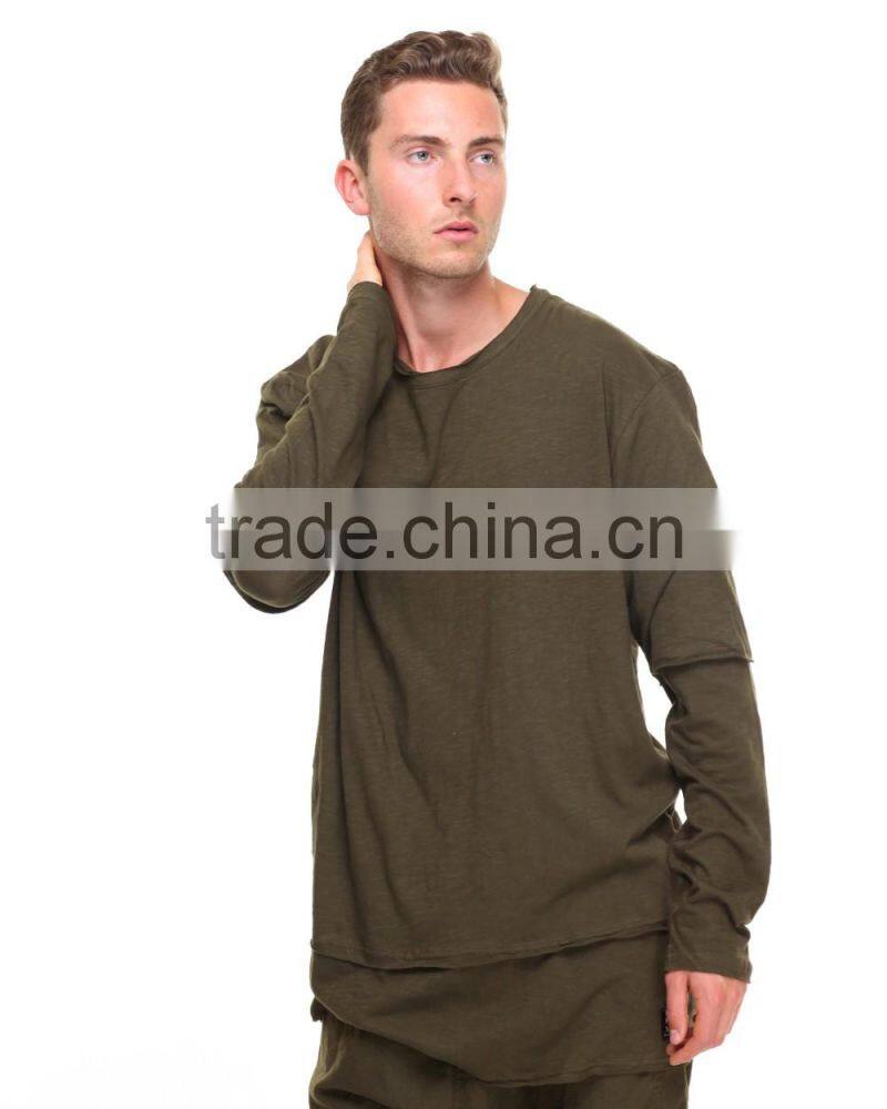 Pieced layered construction raw mens athleisure crew neck collar longline tees