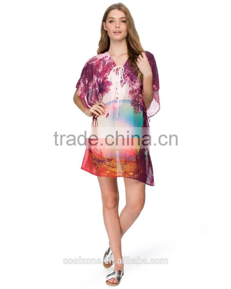 Relaxed fit lace v neck lakeside print kaftan women kaftan dress