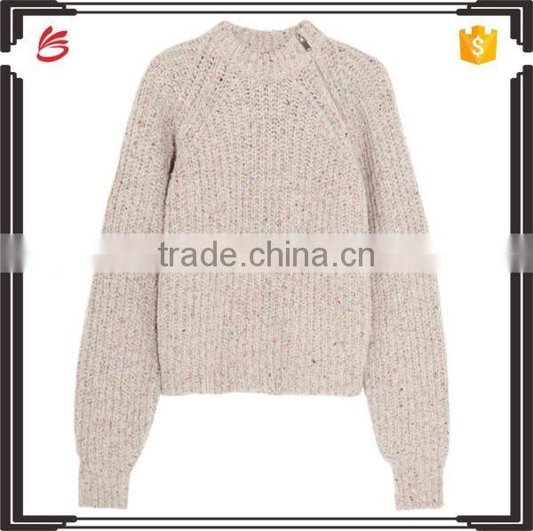 High Quality Long Bell Sleeves Crew Neck Ribbed Handmade Wool Knit Sweater for Women