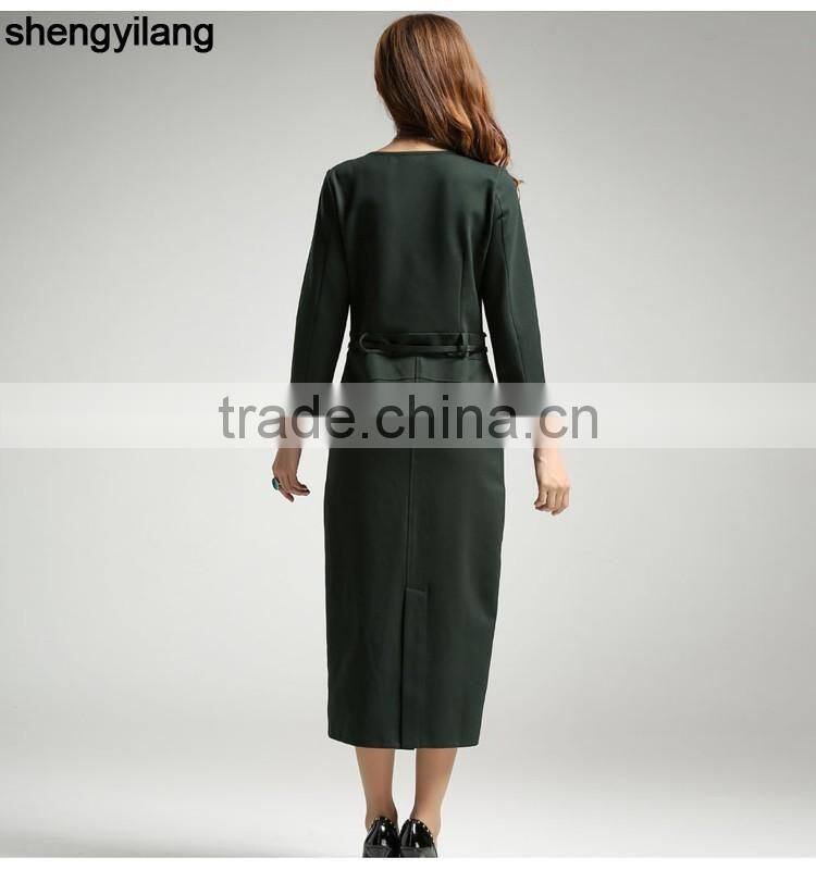back split simple 3/4 sleeve long dress with belt