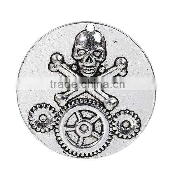 Zinc Based Alloy Steampunk Pendants Round Antique Silver Halloween Skull Gear Carved 39mm Dia