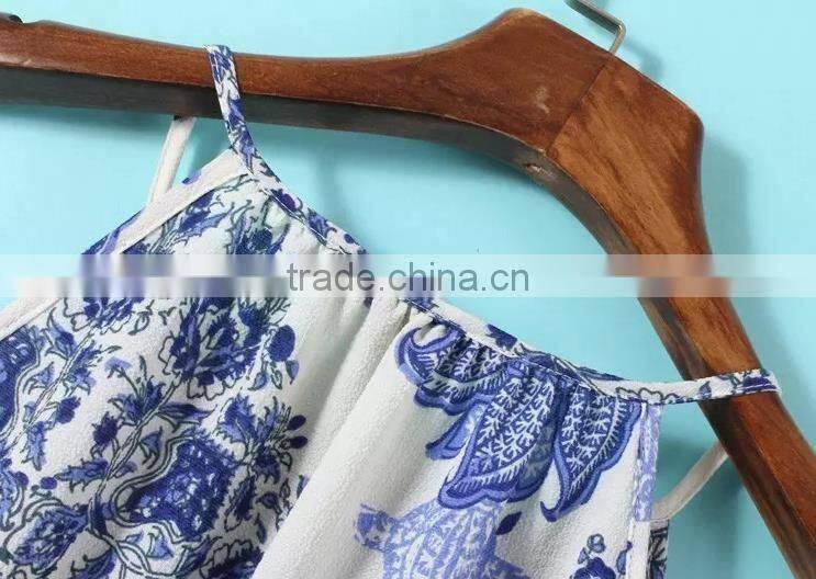 2017 new model summer dress women off shoulder straight loose blue and white porcelain printed dress