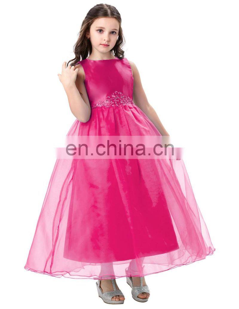 Grace Karin Full-Length Sleeveless Deep Pink Voile Satin Long Flower Girl Dress New Model Girl Dress 7~12 Years Old CL4491-3