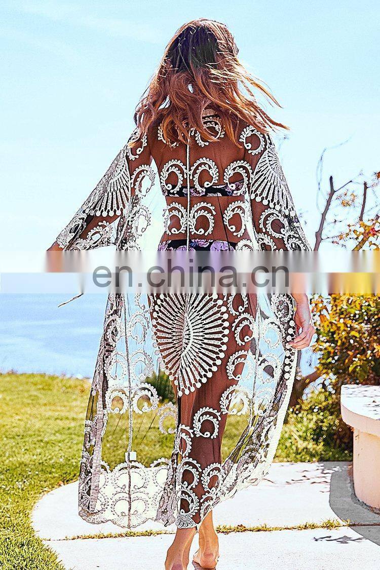 2019 New Sexy See Through Hollow Out Embroidered Long Kimono Cardigan Summer Beach Wear Women Tops and Blouse Chiffon Shirt