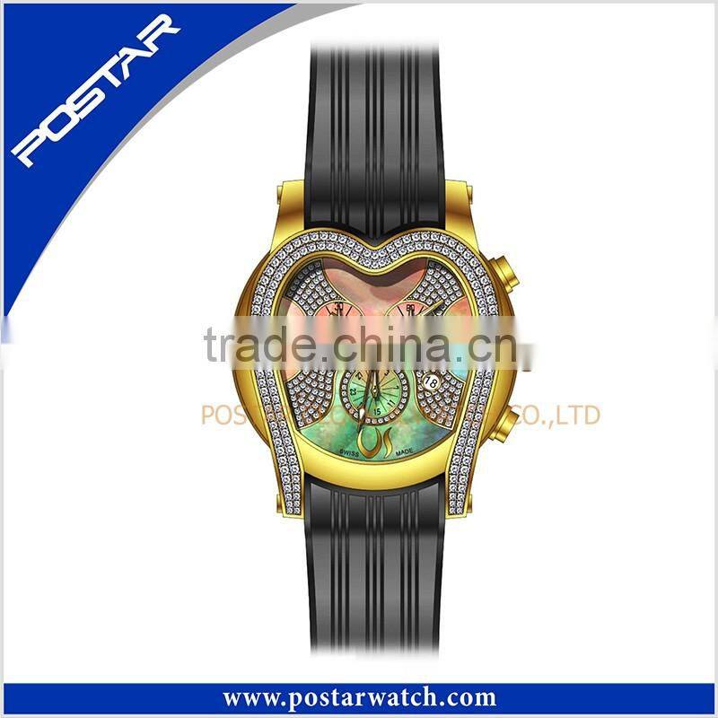 Heart-Shaped High Quality 3 Sub-Dial Stainless Steel Watch with Silicone Strap