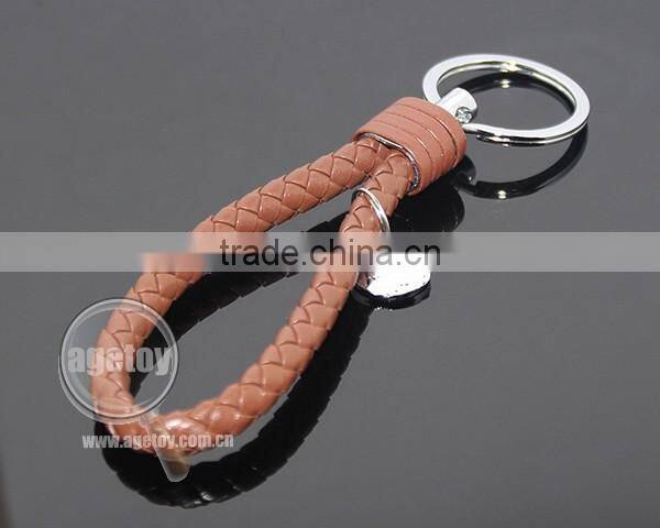 Hot Sale Manual Hand Braided Rope Silver Round Metal Tag Braided Leather Cord Brown Leather Straps Keychain With Braid Leather