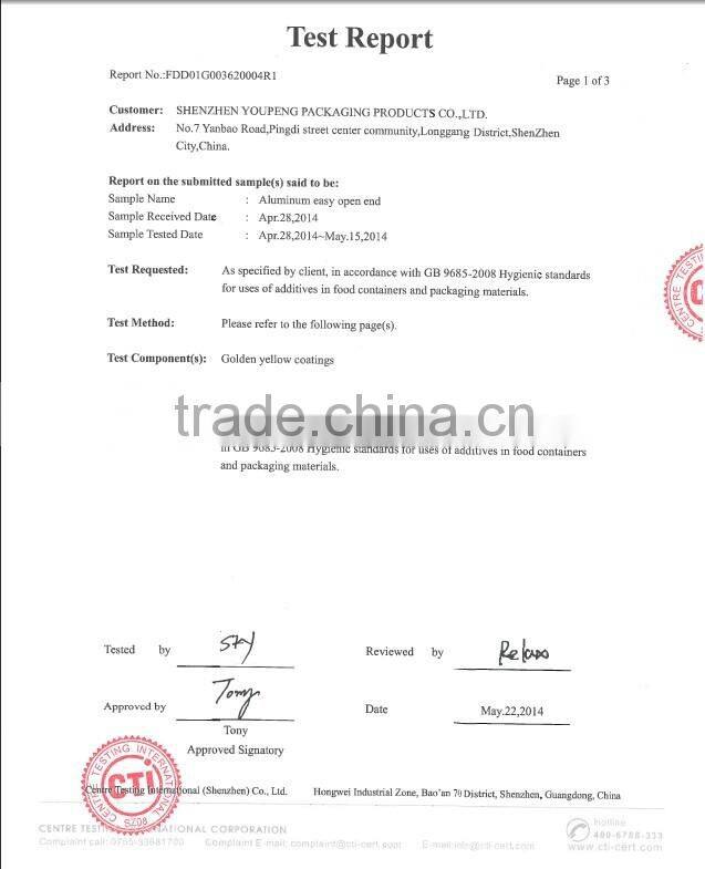 211 ( 65mm ) food grade partial open disposiblepartial aluminum lid
