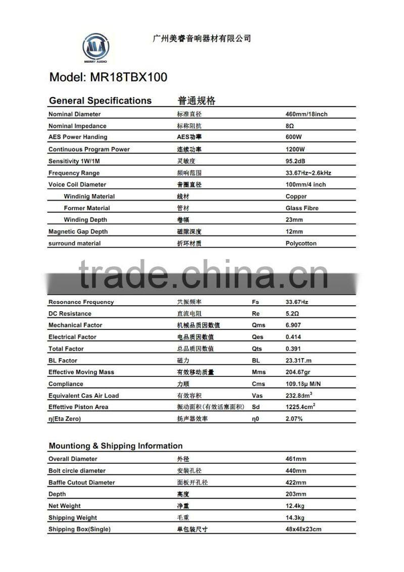 high quality 18 inch cloth edge audio speakers woofer speaker price