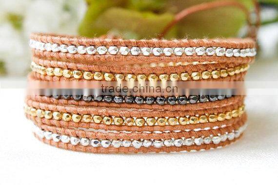Gold plated Stripe Leather Bracelet with colorful beads