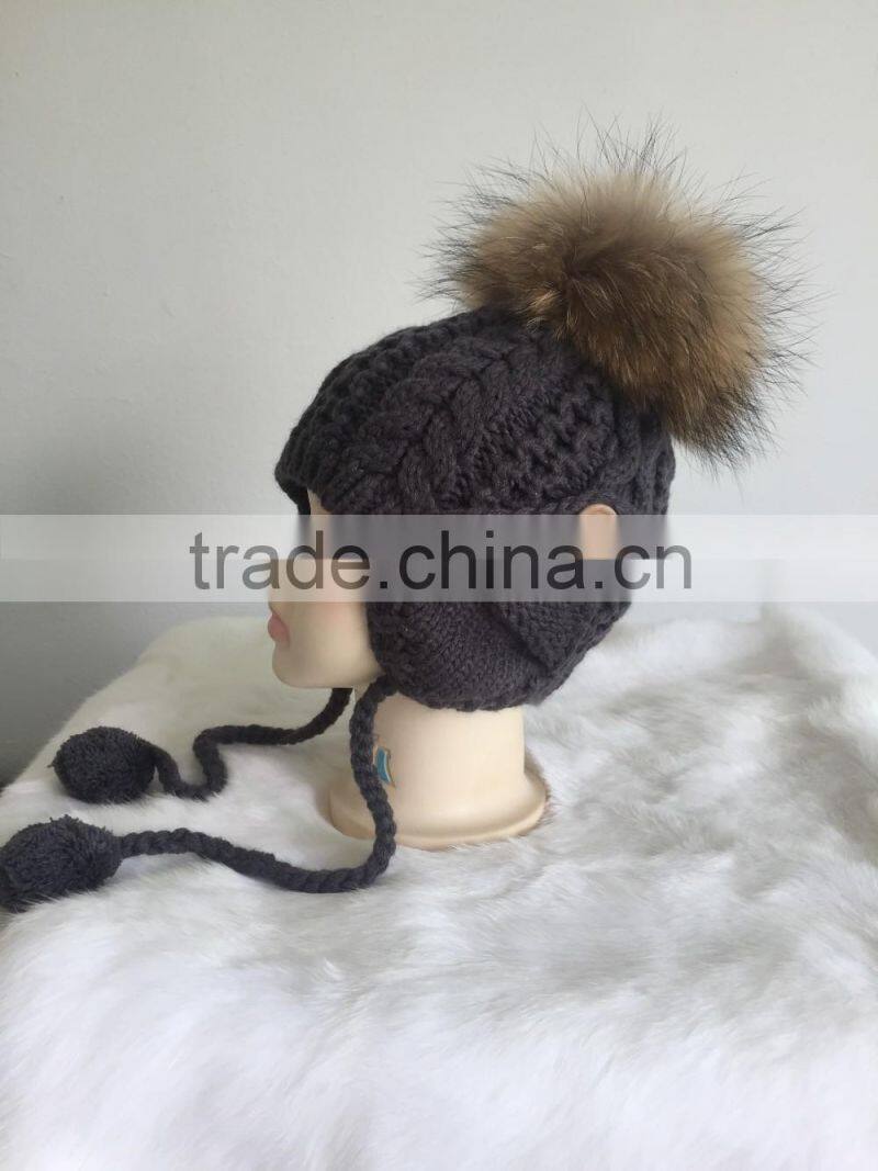 New Design Fur Pom Pom Hats Crochet Baby Hats Children Fur Bobble Hats