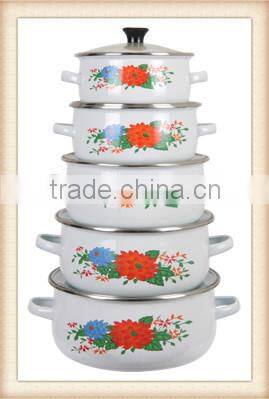 2014 Best Quality Durable Red&Blue Flower Decal Enamel Cookware Set Enamel Pot 5 Pcs Stock Belly Pot With Glass Lid