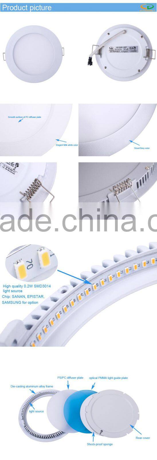 White color aluminum frame small power 9W round panel ceiling light