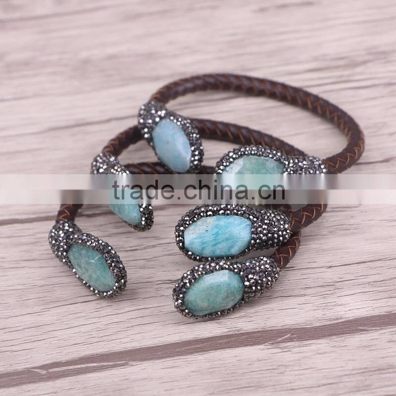 Natural Freshwater Pearl / Tiger Eye / Amethyst / Labradorite Stone Bangle Bracelet, Leather Cord DruzyJewelry Cuff Bangle