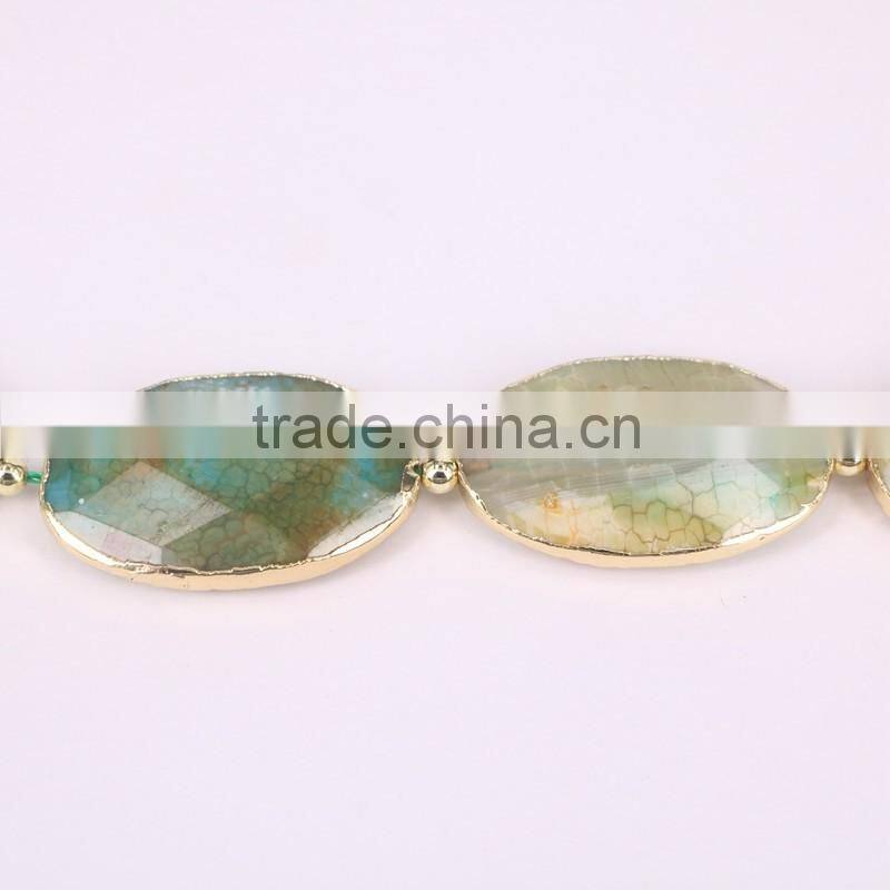 Full Strand Dragon Vein Agate Stone Beads, Oval Agate Druzy Gemstone Fashion Gold Plated Jewelry