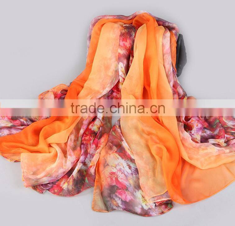 Fashion Active Dying Floral Pattern Scarf 100% Polyester Silk Scarves for Women