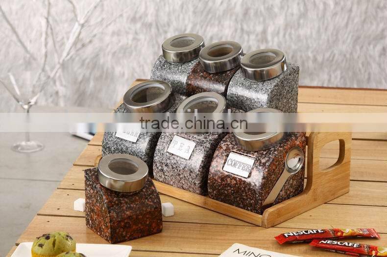 kitchen ceramic canister sets with spoon and wooden stand