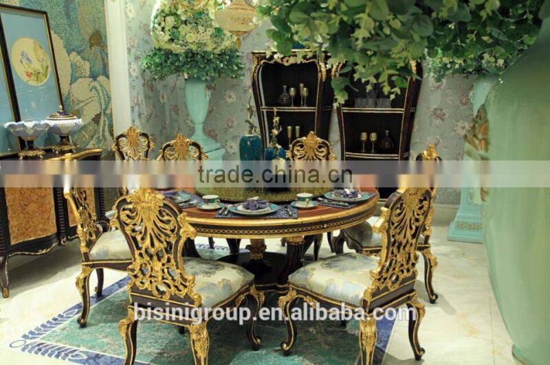 Royal Luxurious French Baroque Wood Carving Round Dining Table with Floral Marquetry Inlay Table Top BF12-03284c