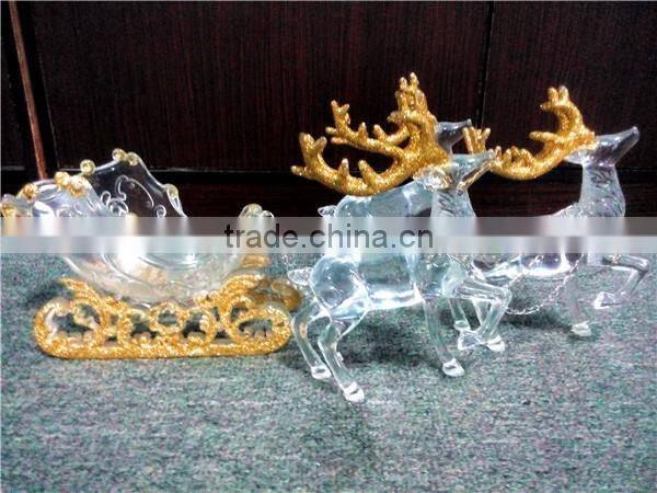 2016 hot sale Christmas decoration three acrylic reindeer and sleigh with gold glitter